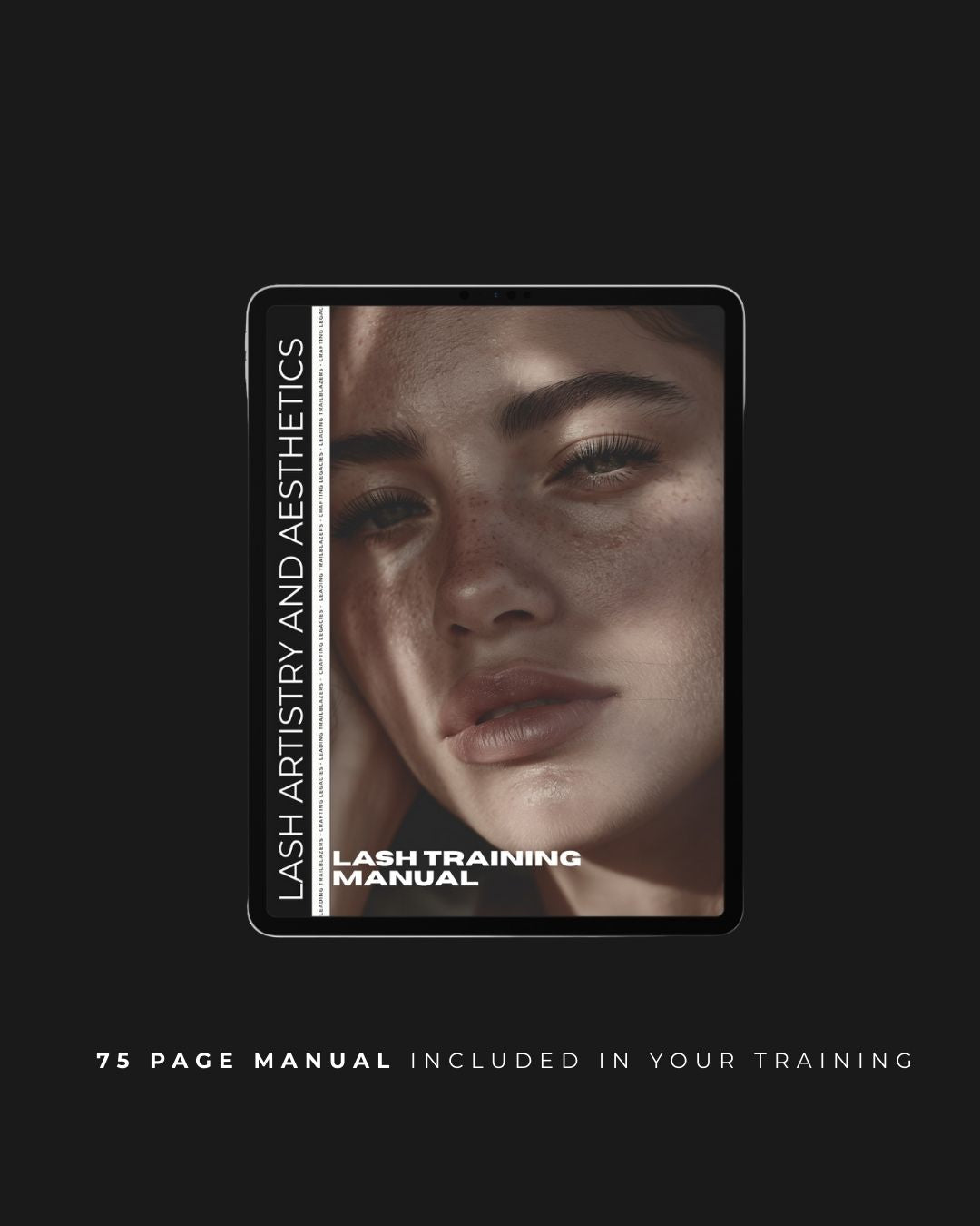 Lash training manual cover with a woman's face on a black background