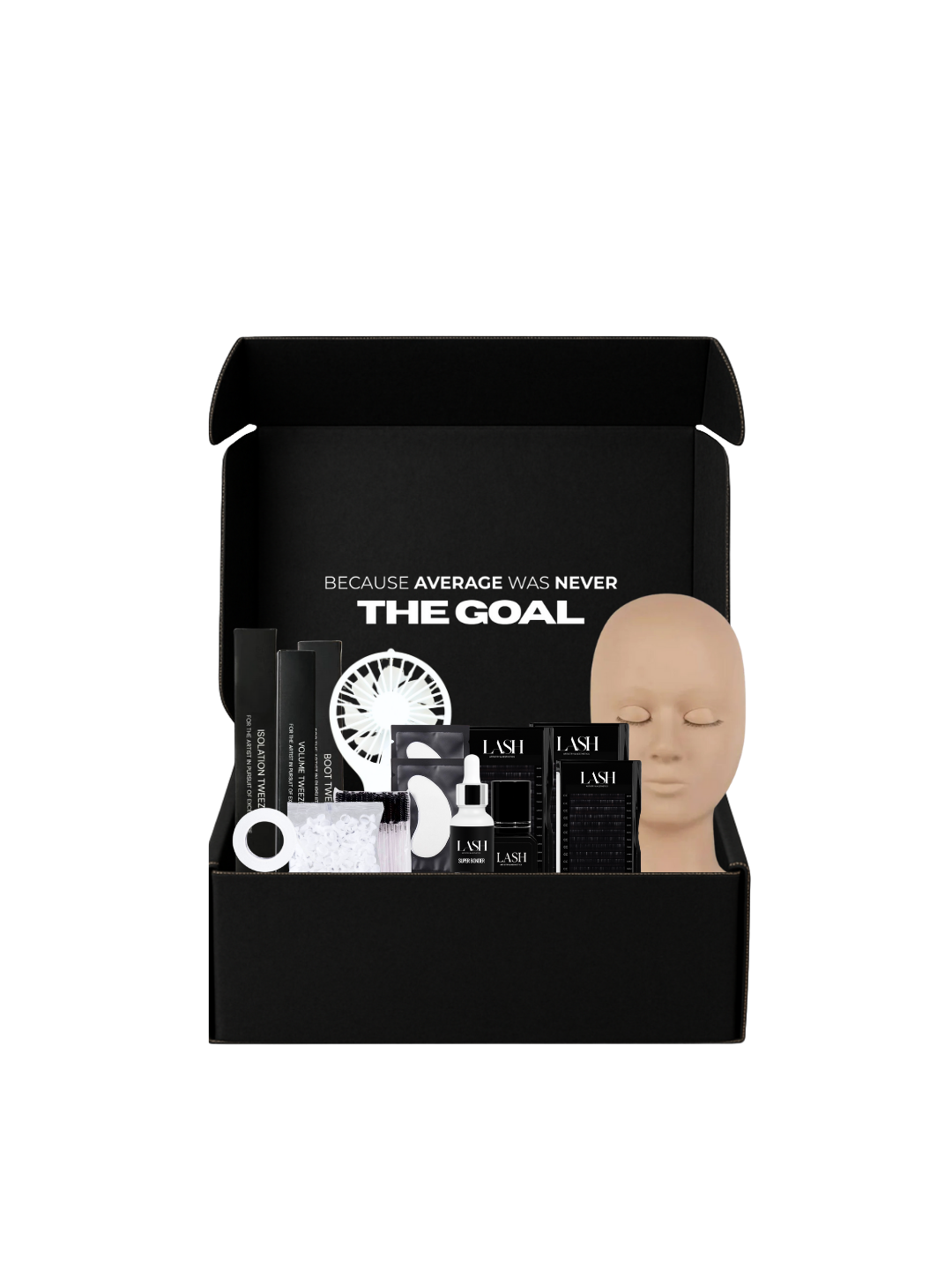 Lash product set with a black box featuring 'The Goal' branding on a white background.