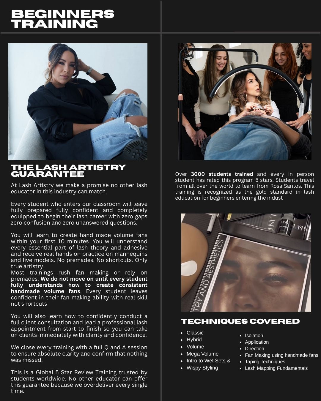 Advertisement for Lash Artistry training program with text and images of students and trainers.