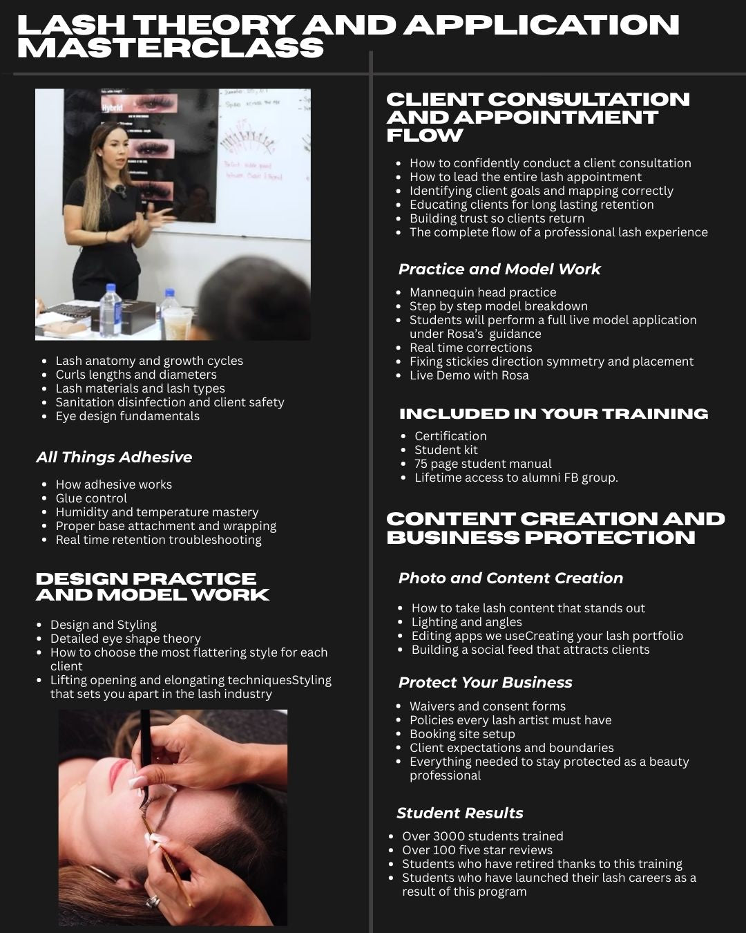 Lash theory and application masterclass flyer with text and images of a woman and a lash application.