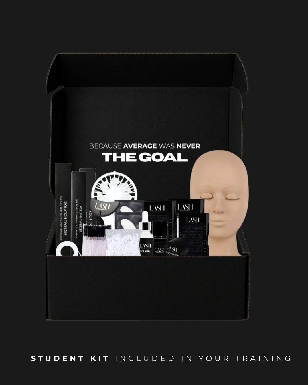 Black box containing lash extension training kit with mannequin head on a black background