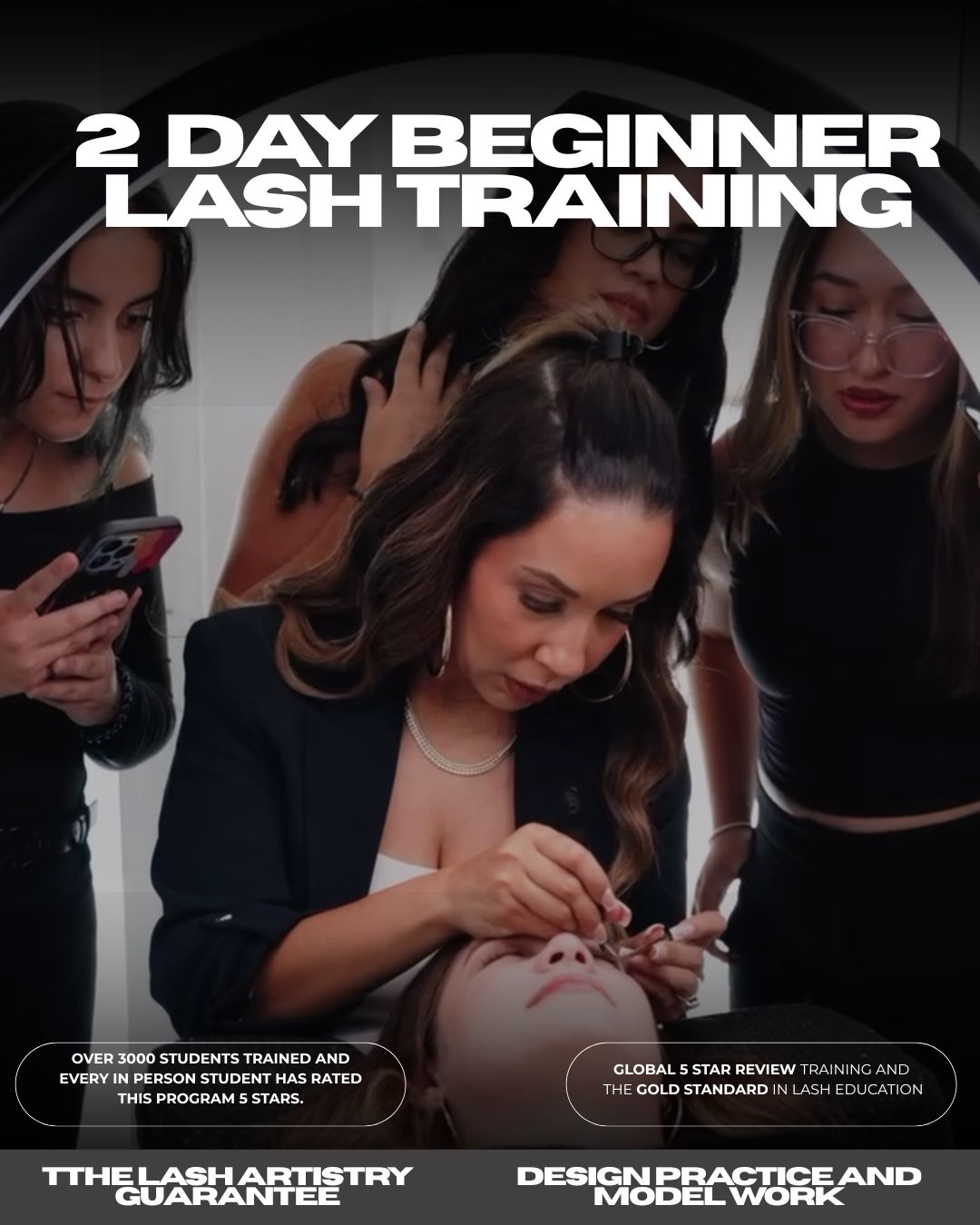 Advertisement for a 2-day beginner lash training course with a woman applying eyelashes to a mannequin.
