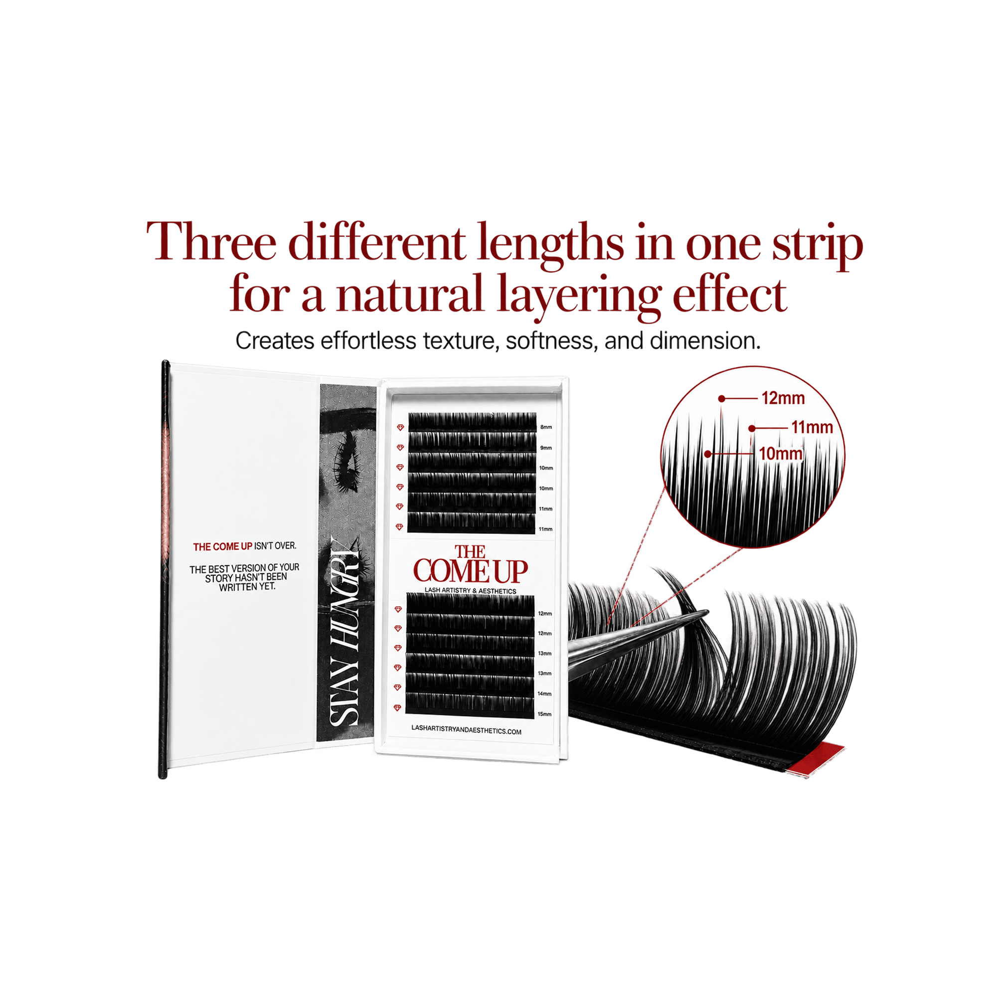 Three pairs of false eyelashes in different lengths shown on a white background with marketing text. The text reads 'Three different lengths in one strip for a natural layering effect' and includes a circular close-up of lash density with measurements 12mm, 11mm, and 10mm.