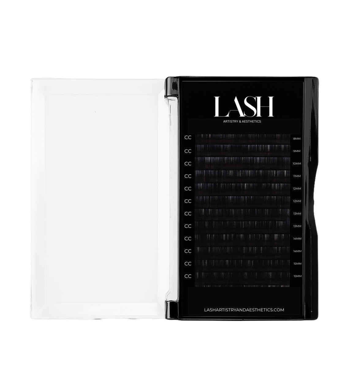Black lash extension tray with 'LASH' branding on a white background