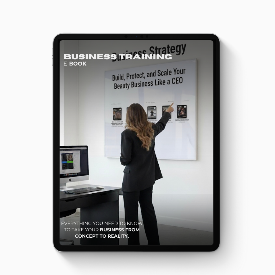 E-book cover on a tablet displaying a business strategy theme with a woman in a suit.
