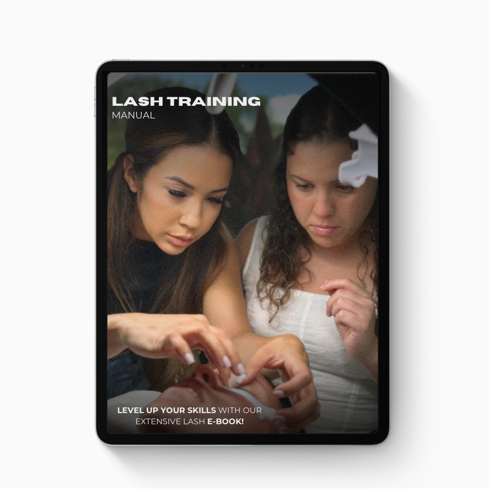 Lash training manual cover with two women examining eyelashes on a white background