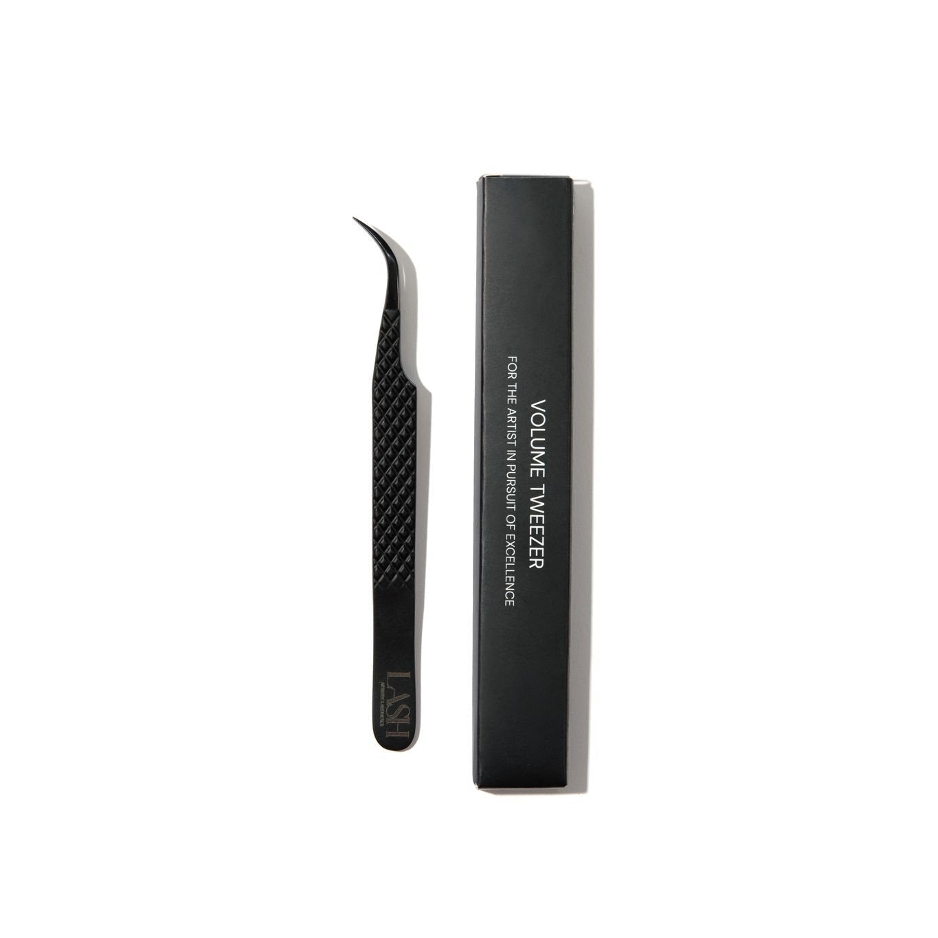 A pair of fiber tip tweezers with a black handle, displayed alongside its packaging box.