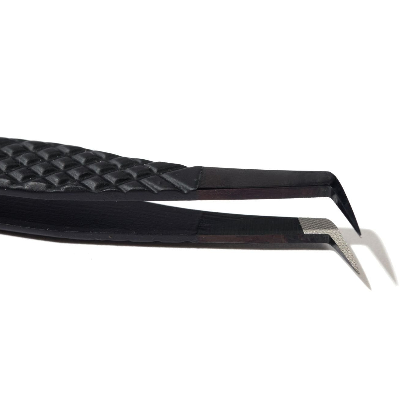 Pair of black tweezers with a textured handle on a white background