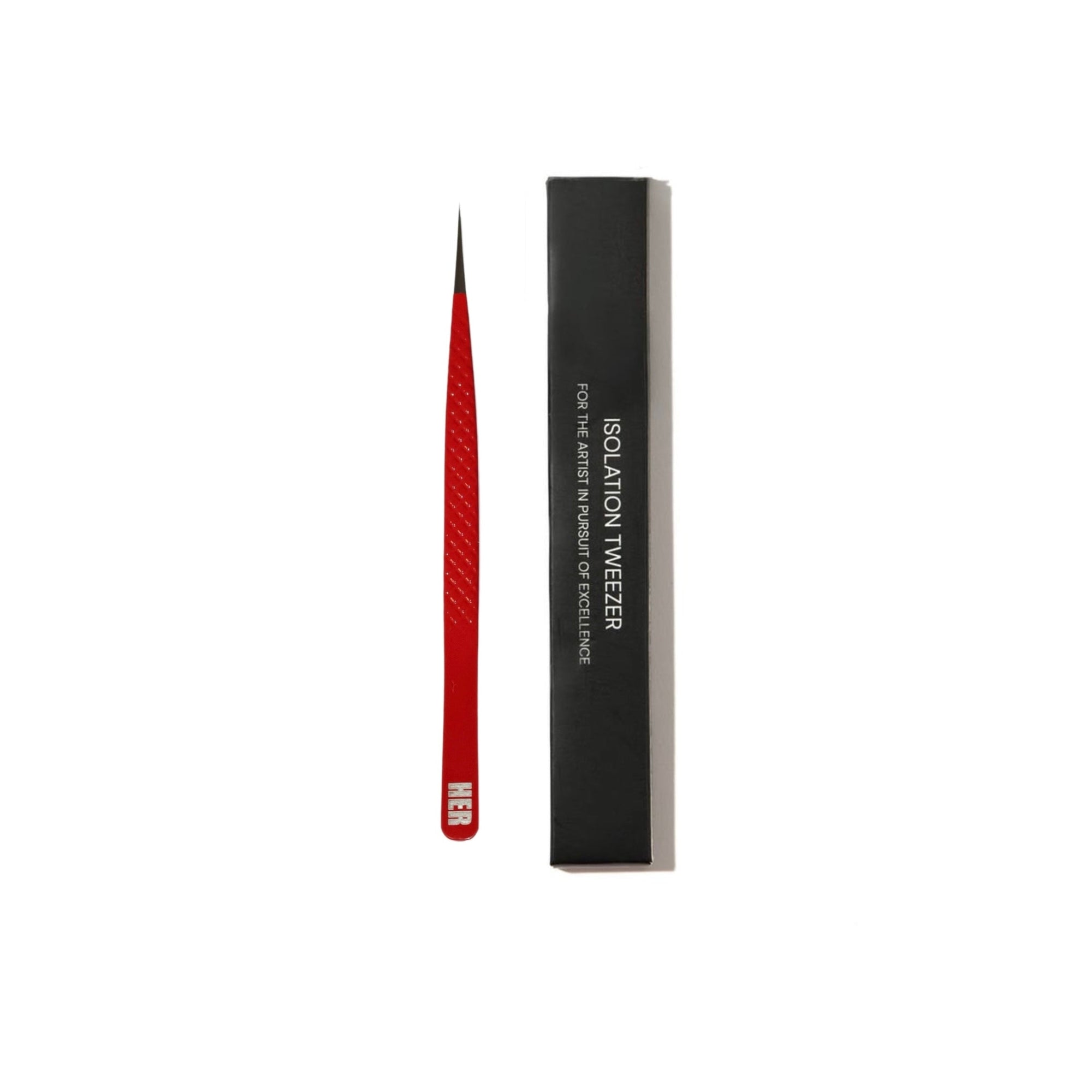 Limited Edition HER Cherry Red Isolation Tweezer packaging and the tweezer itself, which is red with a pointed tip, displayed in front of a black box with the product name and brand.