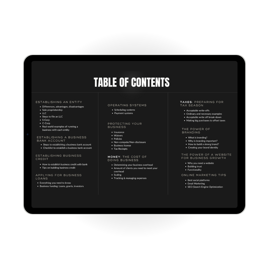 Tablet showing a list of the Table of Contents
