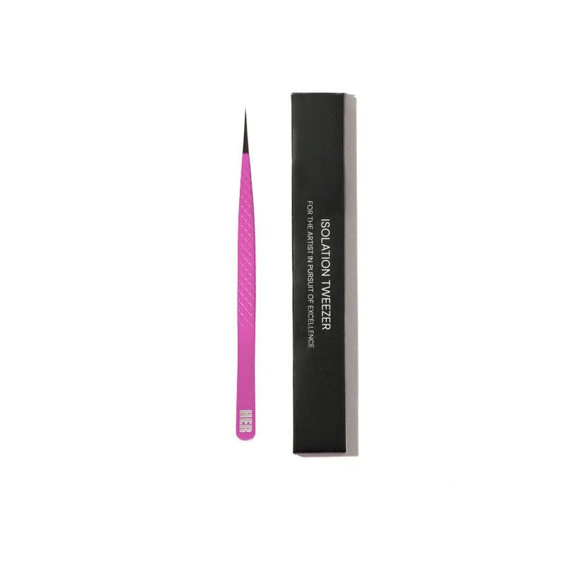 Eyebrow tweezer with pink handle and black box on white background