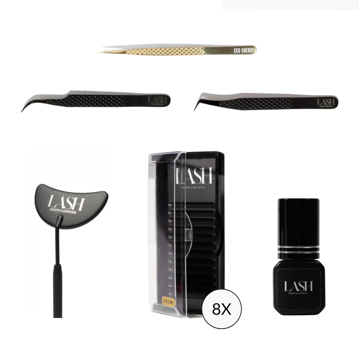A set of false eyelash accessories including various tweezers, a lash mirror, and glue, all displayed against a white background. The items are primarily black with gold accents.