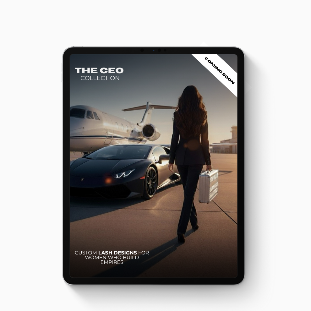 Tablet displaying 'The CEO Collection' with a woman walking towards a private jet and car.