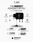 An informational product graphic for LASH adhesive showing a black bottle labeled LASH with dripping adhesive, surrounded by feature callouts and text on a white background. The text reads 'THE PERFECT ADHESIVE FOR YOU' and 'Introducing The Signature Adhesive' with additional claims such as professional grade formula, fast drying, and beginner friendly.
