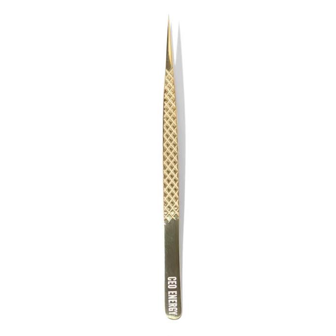 Gold tweezers with CEO Energy on the handle